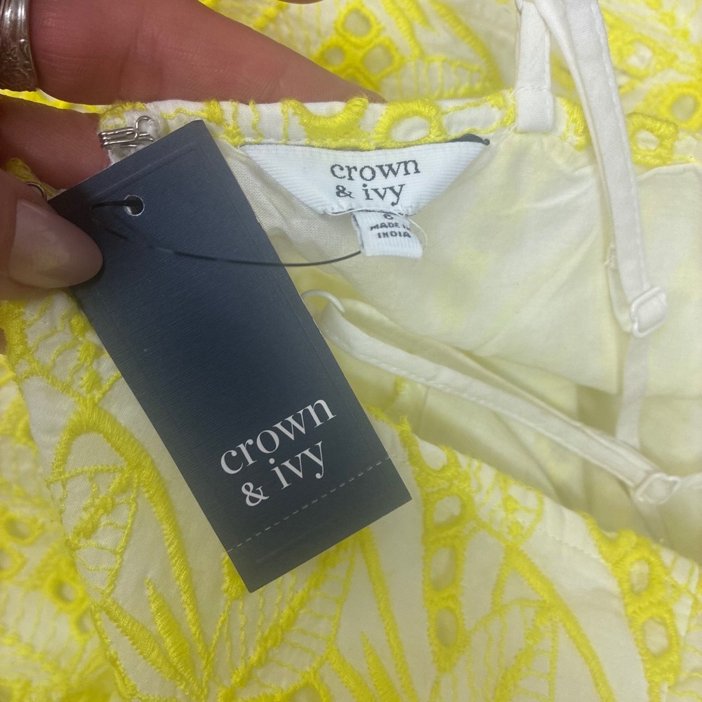 Crown & Ivy Eyelet Mini Dress Womens 6 Yellow NWT Lace Sleeveless V-Neck Cotton - Picture 3 of 12